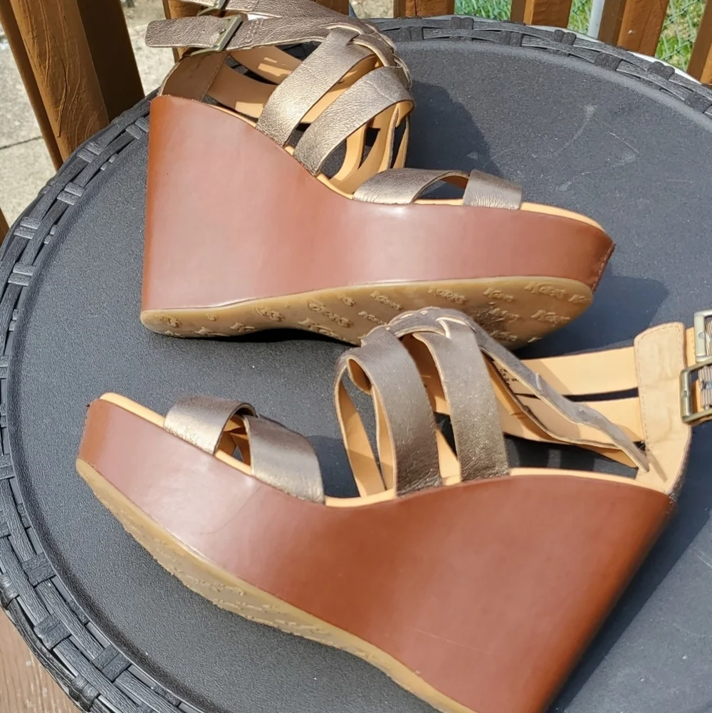 Korks Bronze Leather Ankle Cross Straps Platform Wedge Sandals Size 10 - Picture 3 of 11